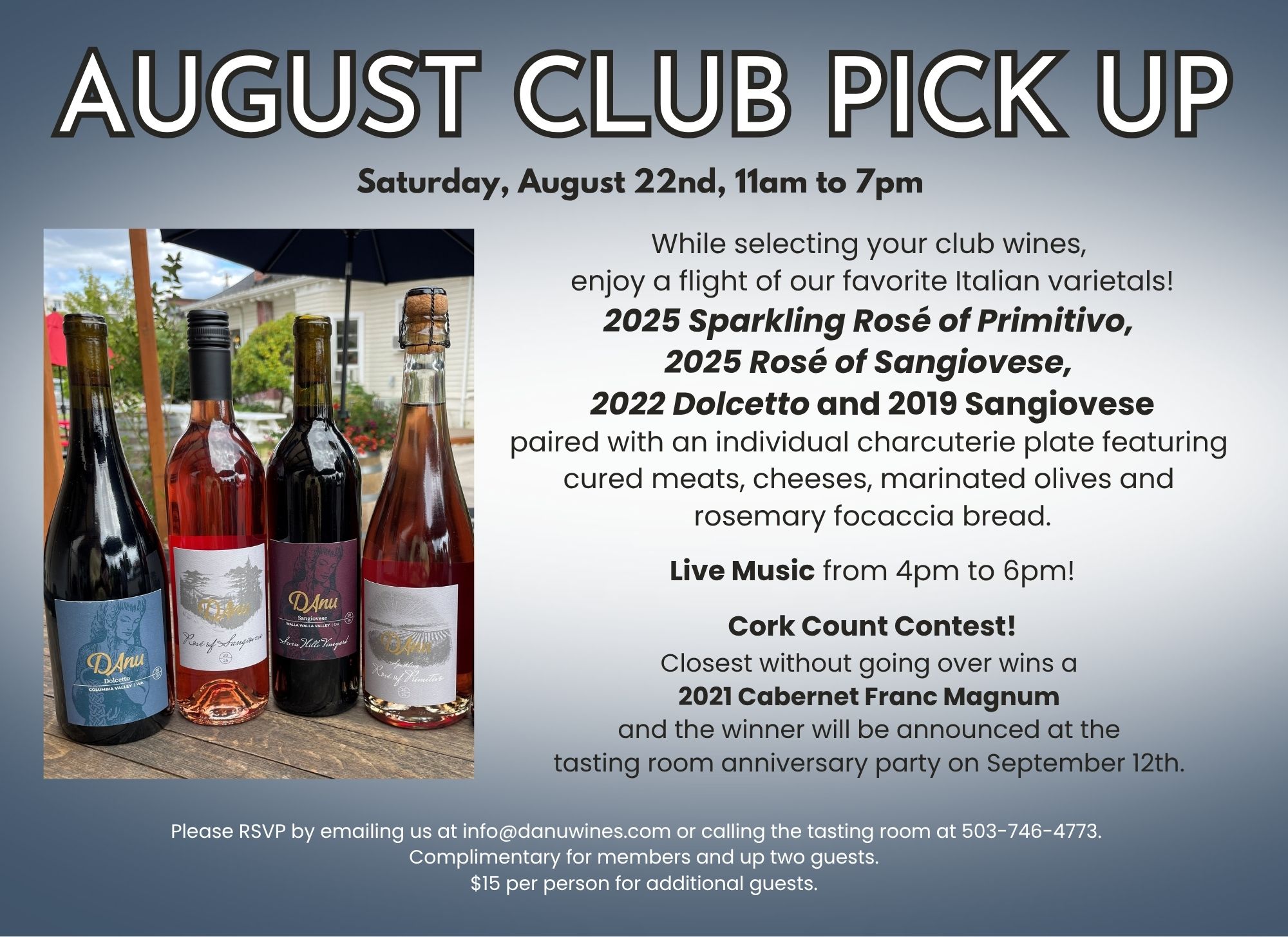 DAnu Wine Club August 2026 Wine Club Pickup Informational Flyer